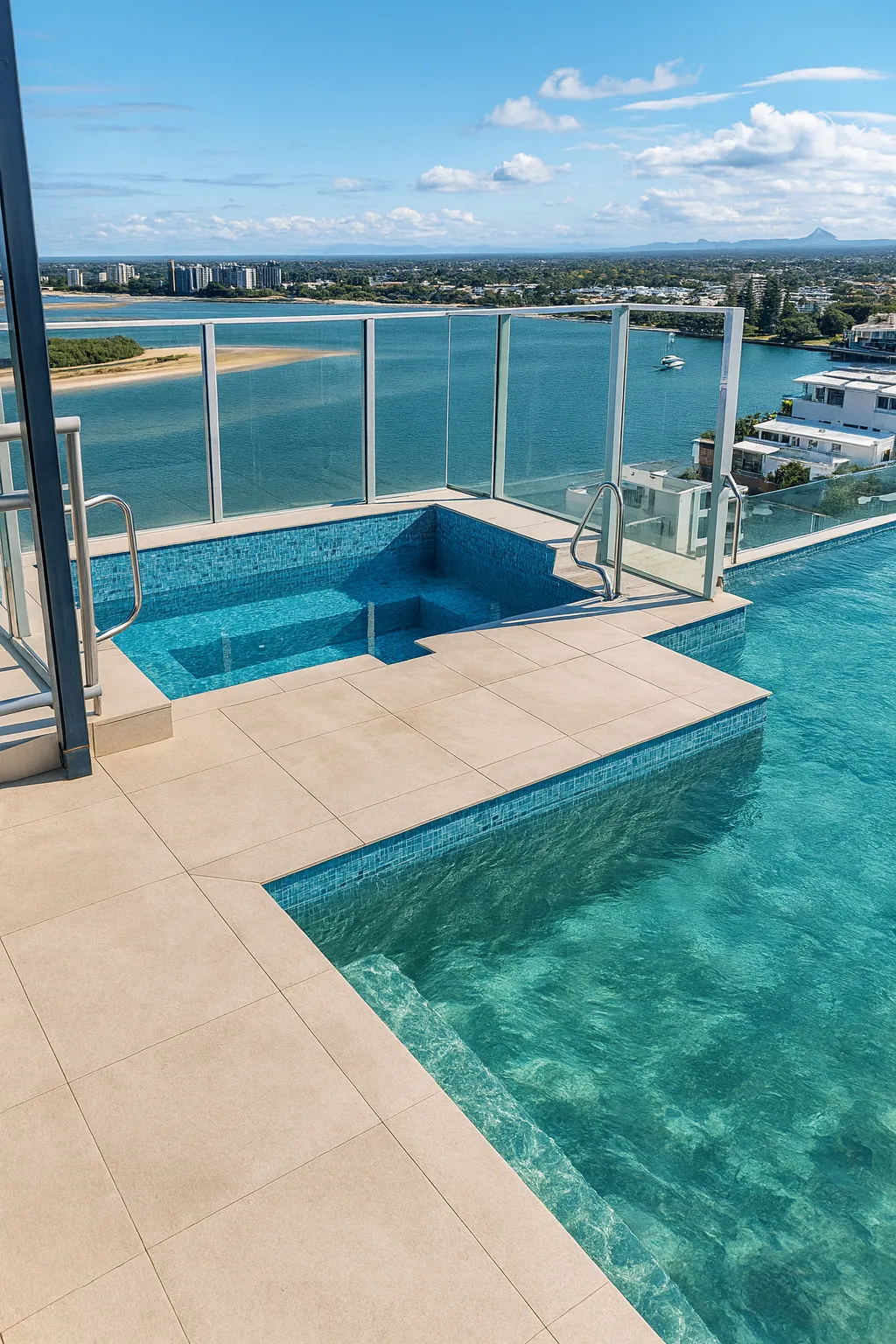 Shared Level 12 rooftop spa with panoramic water views