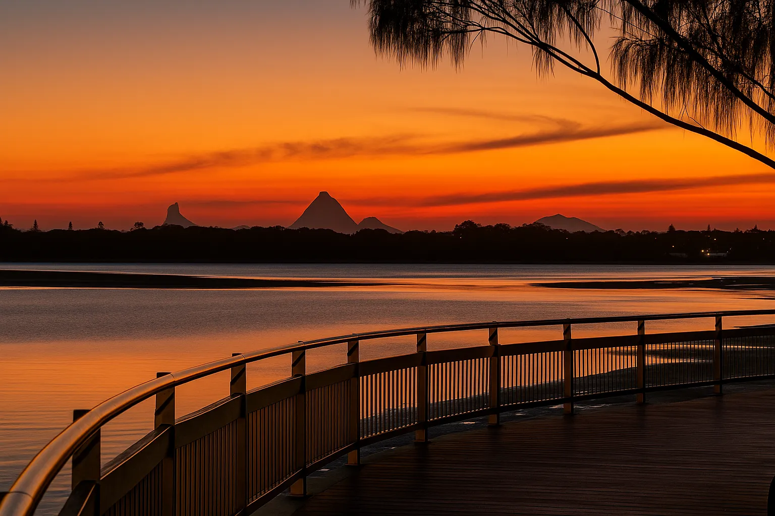 Glass House Mountains and Pumicestone Passage glowing at sunset