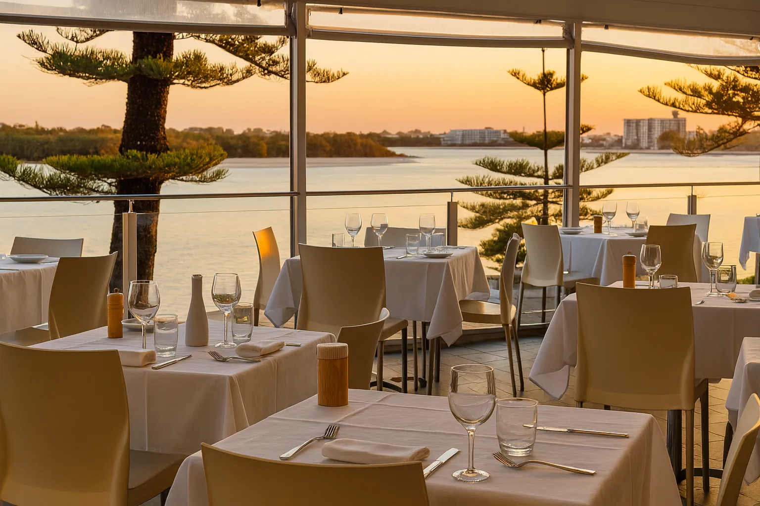 Waterfront restaurant dining room at sunset in Caloundra