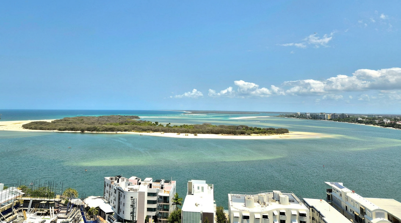 Aerial view over Bulcock Beach and Pumicestone Passage to Bribie Island - Caloundra beaches compared