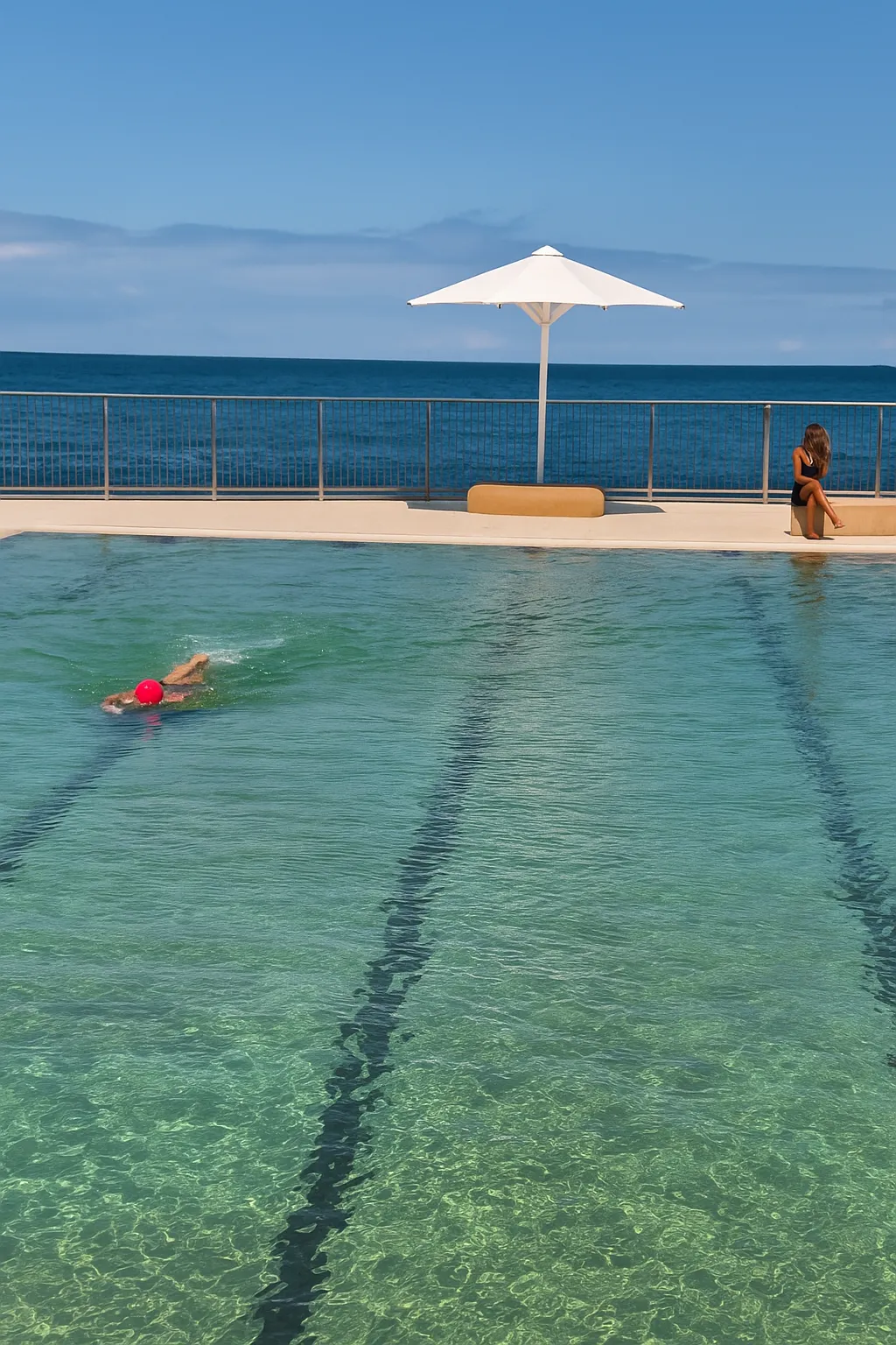 A swimmer in the Kings Beach ocean pool in Caloundra on a clear summer day