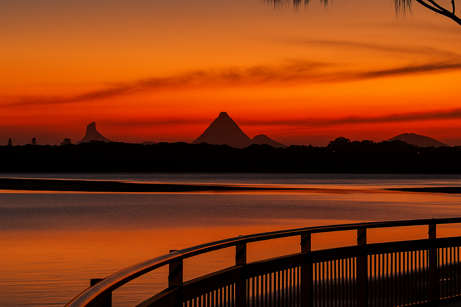 Glass House Mountains silhouetted against a fiery orange sunset over Pumicestone Passage, Caloundra - Sunshine Coast Kiwi winter escape